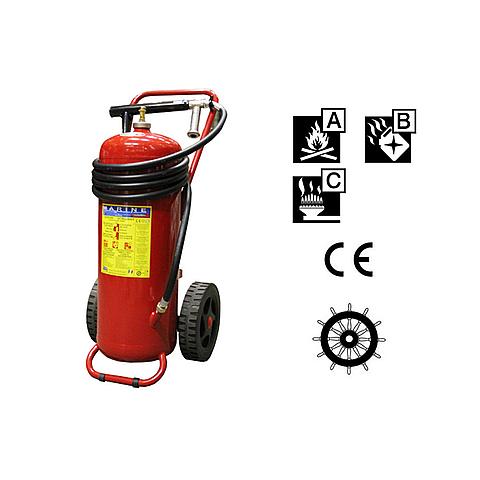 SG00262 Powder Wheeled Extinguisher 50 kgs ABC  (cartridge) This wheeled extinguisher is designed for professional use under severe circumstances, resulting in a high level of quality and ease of use. The cylinder, CE marked, has the welded frame. Ease of mobility is achieved as a result of the large wheels with solid rubber tyres and push bar also ensuring good stability during operation.